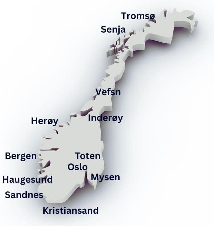 Map of Norway illustrating different dialects